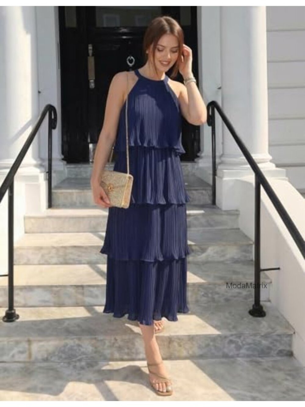 Chiffon Halter Ruffle Midi Dress Sleeveless Back Tie Tiered Formal Wedding Guest - Picture 2 of 6